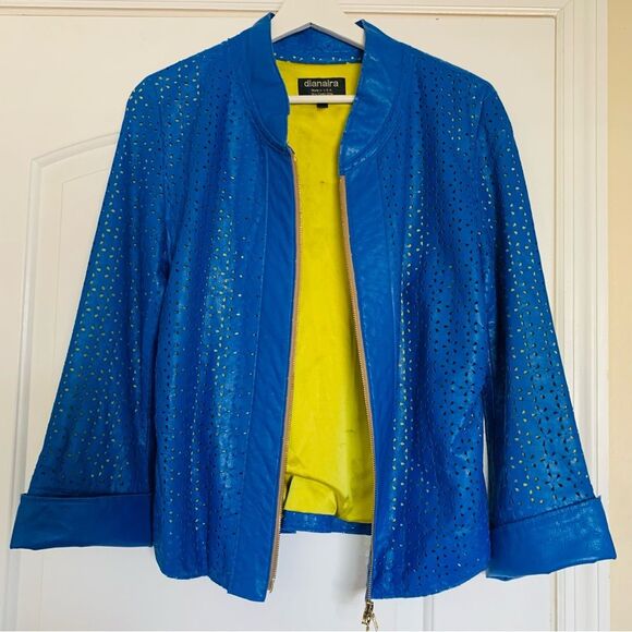 dianaira Royal Blue Perforated Floral Pattern Lambskin Leather Blazer Jacket - Picture 4 of 9